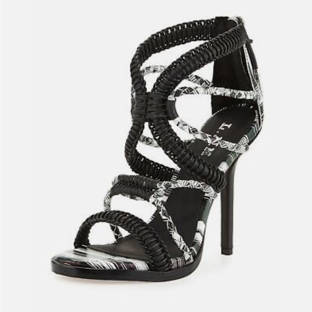 L.A.M.B Zebra Vine Black and White Strappy Leather Heels Sandals Size 8.5 - Picture 1 of 15